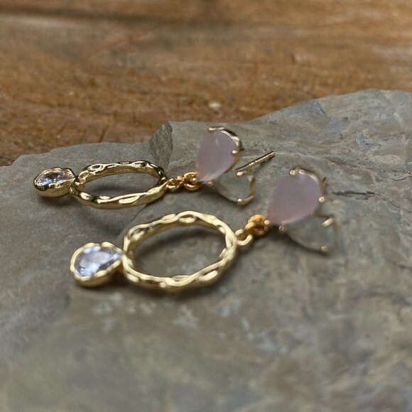 Plated Hammered Gold with Cubic Zircon Stone Stud Earrings - Picture 4 of 10